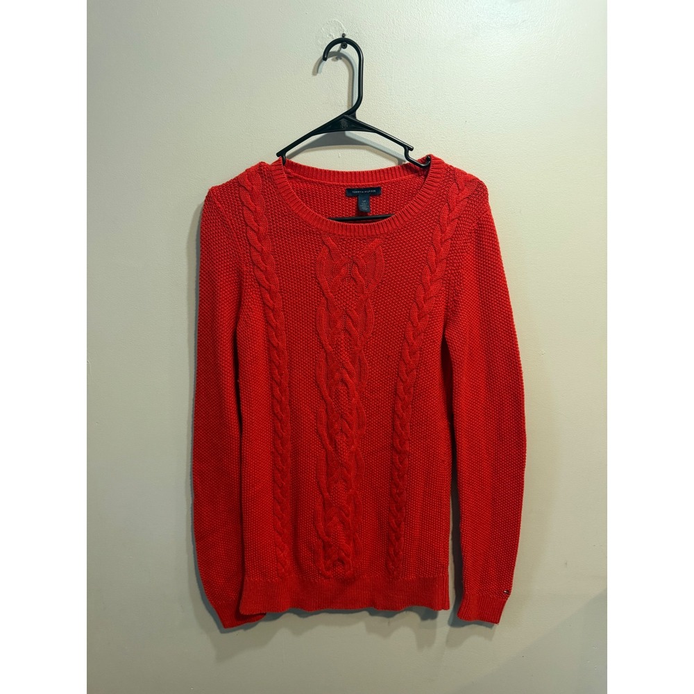 Tommy Hilfiger Women Red Cable Knit Sweater Cotton Wool Blend Small Pullover